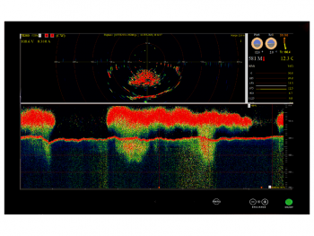 TrawlSonar-TS-360-new. The upper part of the picture shows a 360 degree picture of the trawl opening, where fish is coming in between the footrope and headrope. The lower part of the picture shows the echo sounder on the trawl sonar, you can clearly see the footrope and fish coming inn over the footrope.