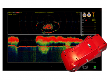 TrawlSonar-TS-360-new. The upper part of the picture shows a 360 degree picture of the trawl opening, where fish is coming in between the footrope and headrope. The lower part of the picture shows the echo sounder on the trawl sonar, you can clearly see the footrope and fish coming inn over the footrope.